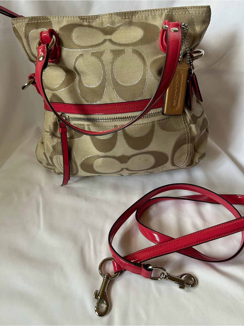 Coach Poppy Beige Signature Canvas Shoulder Bag with Coral